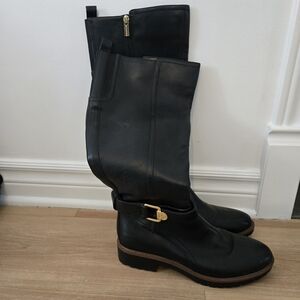 Black Leather Riding Boots with Gold Buckle